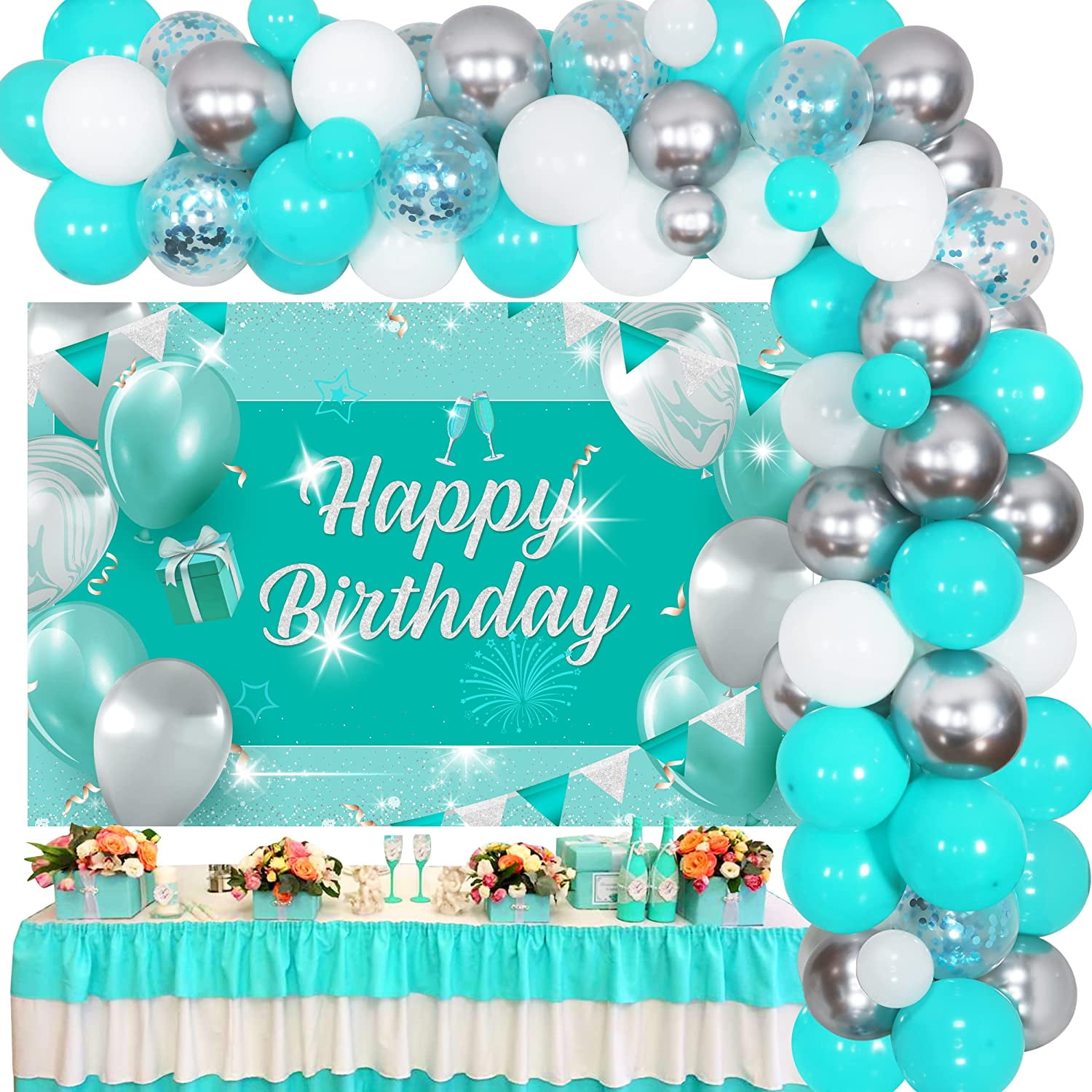 Teal Blue Birthday Decorations Kit for Women, Turquoise Silver Birthday