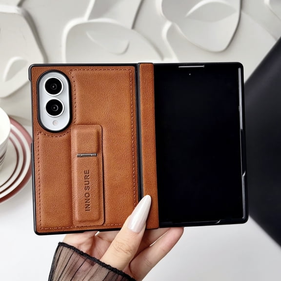 PU Leather Protective Case for Samsung Galaxy Z Fold 8, Hard PC Shell with Hinge Protection Built‑in Kickstand Shock‑Absorbing Cover with Soft Microfiber Inner Lining, Khaki