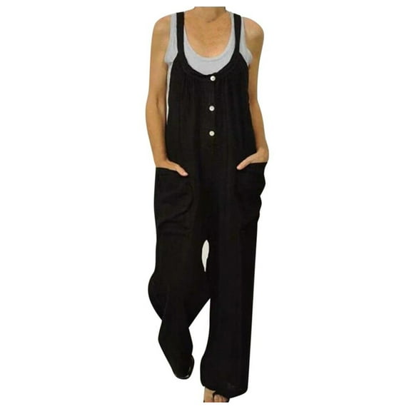 Jumpsuits for Women Summer Sleeveless Casual Bib Overalls Button Solid Loose Wide Leg Long Pants Rompers with Pockets