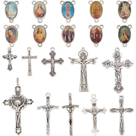 1 Box about 80 Pcs Cross and Center Medal Charms Alloy Our Lady Connector Pendant Centerpiece Crucifix Medal Charms Oval Chandelier Links for DIY Necklace Bracelet Jewelry Making