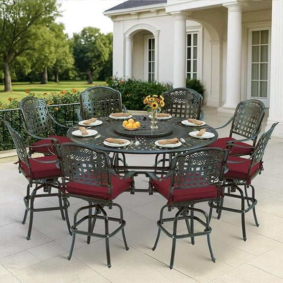 VIVIJASON 10-Piece High Patio Dining Set, All Weather Cast Aluminum Outdoor Bar Table and Chairs Set, Includes 8 Swivel Bar Stools & 61" Bar Height Dining Table with 24" Lazy Susan, Umbrella Hole