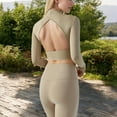 thumbnail image 5 of Women's Long Sleeve Crop Top with Open Back and High Neck - Medium, Khaki, 5 of 7