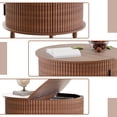 thumbnail image 2 of Table Basse Ronde de 30,7 Pouces à Plateau Relevable avec Rangement - Design Cannelé Moderne, Porte Coulissante Incurvée à 360° et Compartiment Caché, Table en Bois Robuste pour Salon en Noyer, 2 of 13