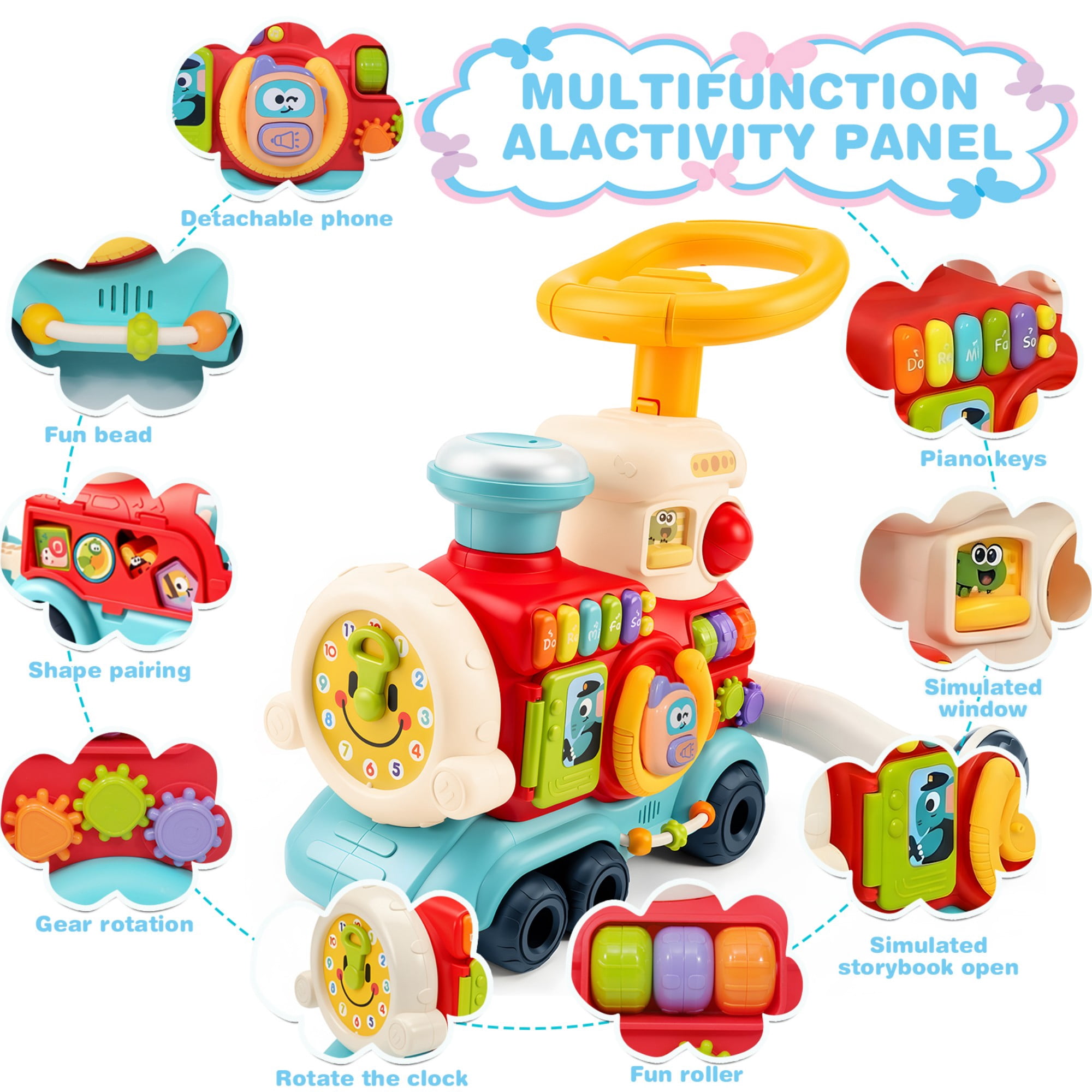 FVLOENG Baby Push Walkers Activity Table Center  4 in 1 Push Pull Sit and Ride Train Toys, Music Panel for 12 Months+ Early Educational Gift Infant Boys Girls