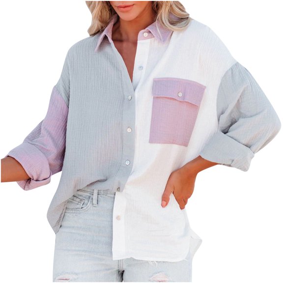 Women's Color Block Button Down Blouses Fashion Turndown V Neck Long Sleeve Tops Casual Loose Oversized Shirts