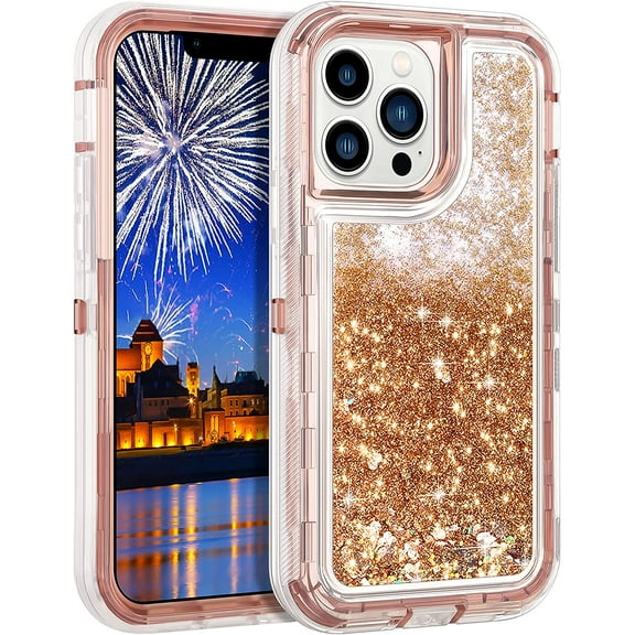 Entronix iPhone 13 Pro Max Heavy Duty Glitter Case for Girls Women Liquid Bling Sparkle Shining Glitter Luxury Shockproof Quicksand Soft TPU Cover for iPhone 13 Pro Max 6.7" Rose Gold