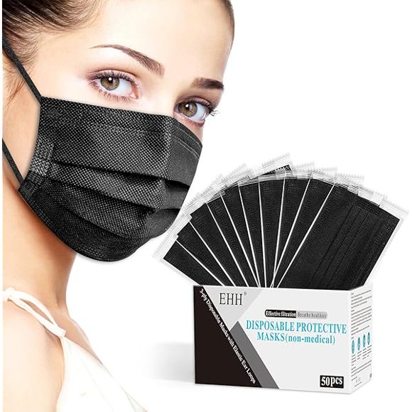 Black Disposable Face Masks, Individually Wrapped, Breathable Face Mask for Men Women, 3- Ply, Comfortable Adult Masks with Adjustable Nose Wire & Elastic Ear Loop 50 Pcs, Black