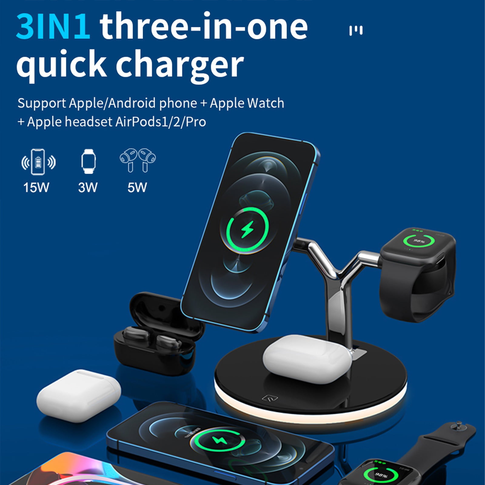 ​3-in-1 Magnetic Wireless Charging Station with LED Night Light - 15W Fast Charger for iPhone/Samsung - Foldable Stand for Phone, Watch & Earbuds (5.5", 9V/12V Adapter Not Included)​​ Black