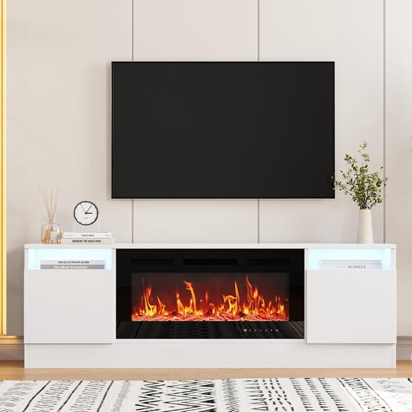 Cherish 70" Modern Black TV Stand – Wooden Entertainment Center with Storage Cabinet, Supports Up to 75" TV, Fits 36" Electric Fireplace Insert