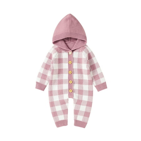 

Bagilaanoe Newborn Baby Girl Knit Hooded Jumpsuit Plaid Print Long Sleeve Bodysuit 3M 6M 9M 12M 18M Infant Fall One Piece Romper