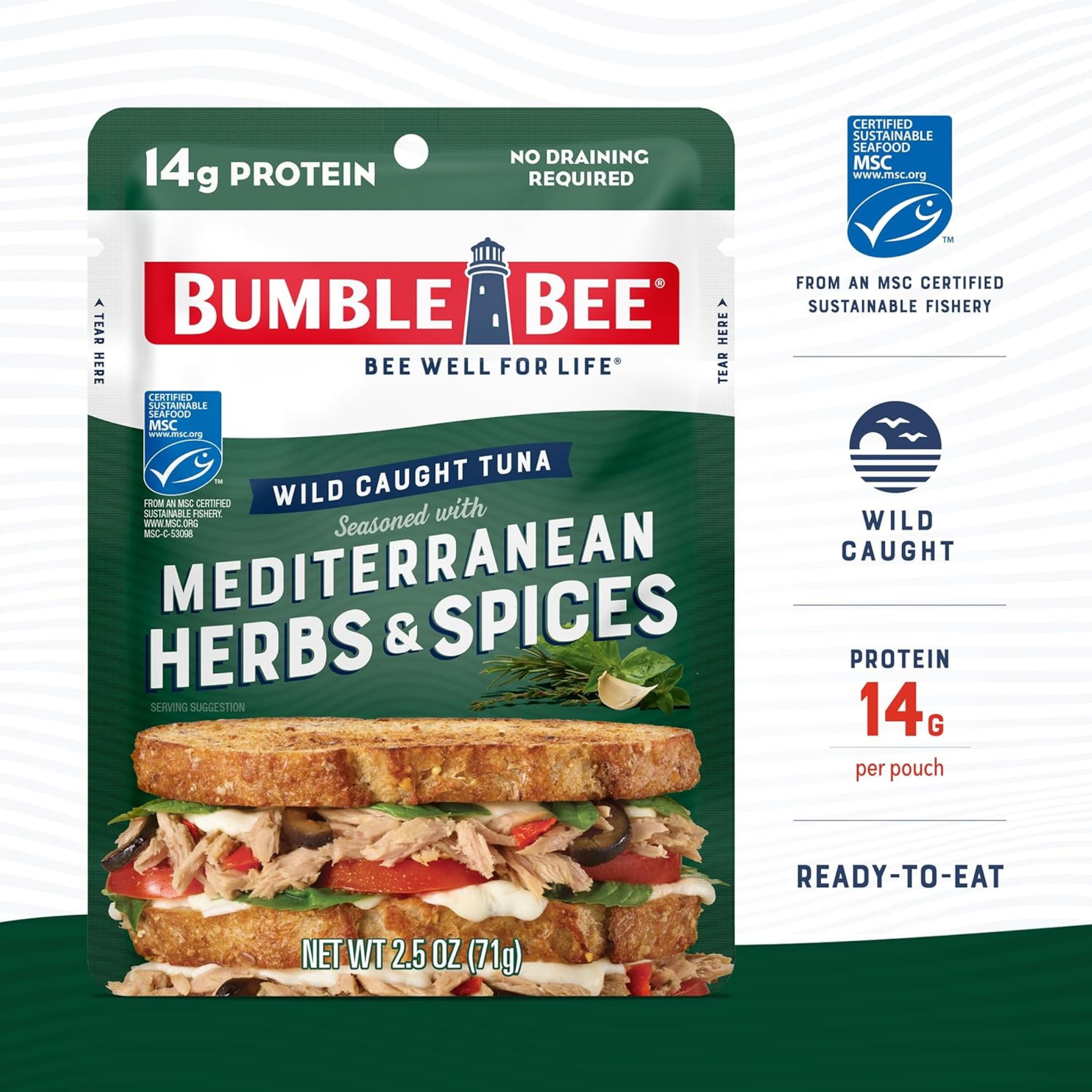 (12 pack) Bumble Bee Mediterranean Herbs & Spices Seasoned Light Tuna, Wild Caught, Gluten Free, 14g Protein per Serving, Ready to Eat, Shelf Stable Pouch, 2.5 oz