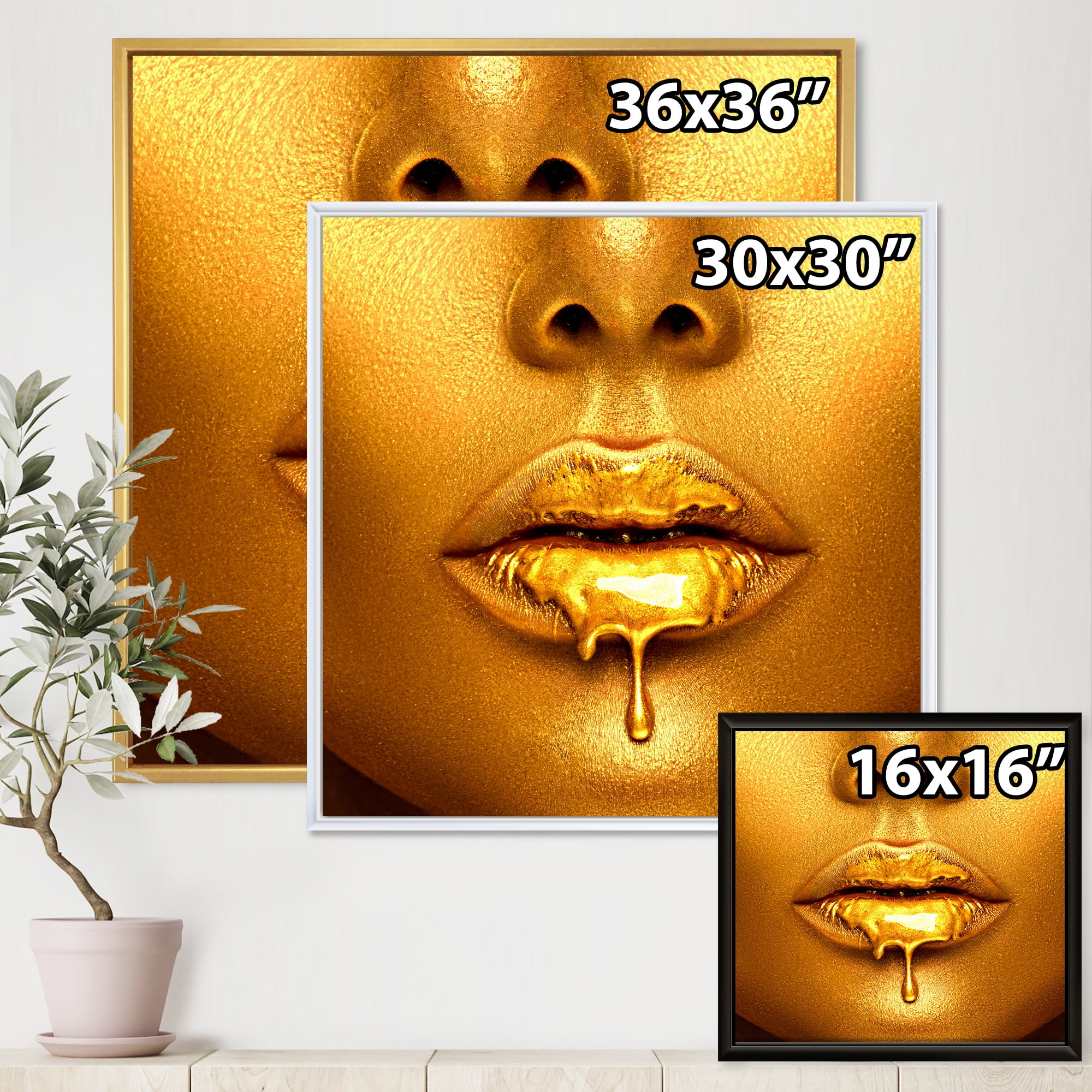 Designart 'Gold Paint Drips From Sexy Girl Lips' Modern Framed Canvas Wall Art Print