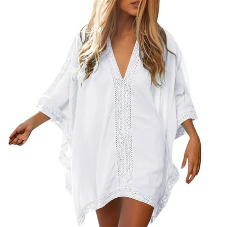 Rovga Women S Swimwear Cover Ups Solid Color V Neck 3/4 Sleeve Ladies Beach Bathing Suit Swim Bikini Swimsuit Oversized Cover Up Dresses One Size White