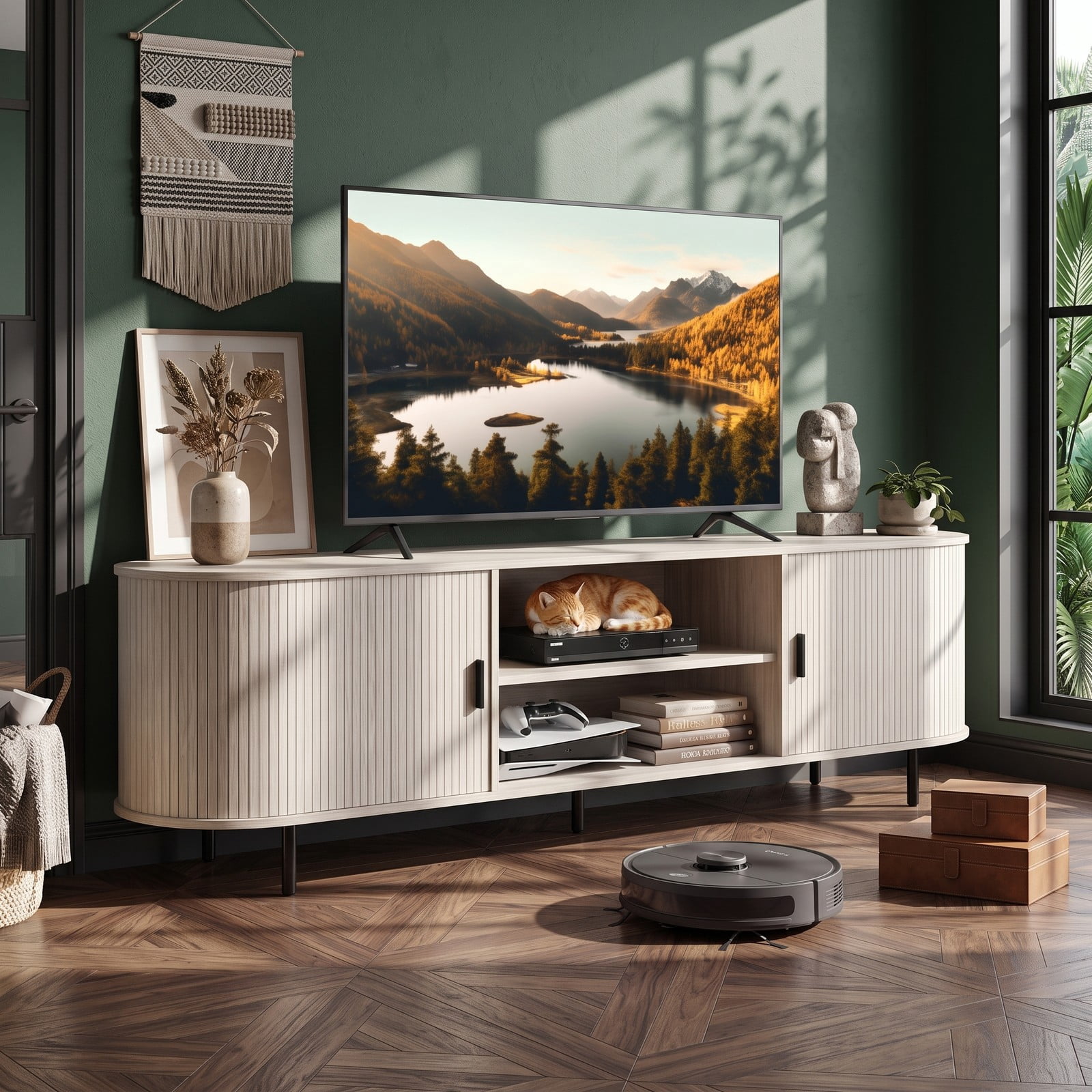 Furnibear 80 Inch TV Stand Mid Century Modern Entertainment Center with Fluted Sliding Doors, Wood Media Console with Storage Cabinets for Living Room, Natural