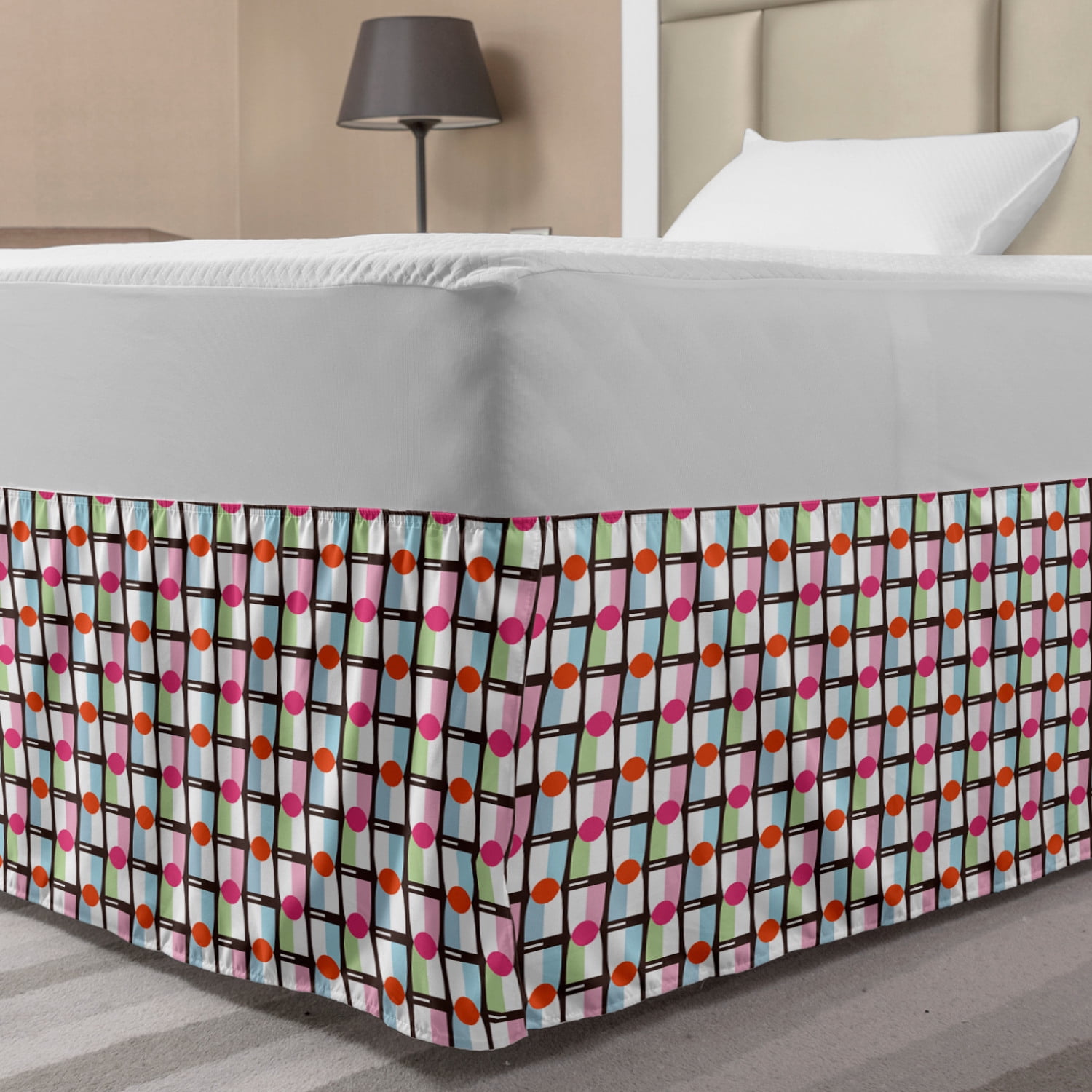 Colorful Bed Skirt, Contemporary Grid Geometric Rounds Interlocking