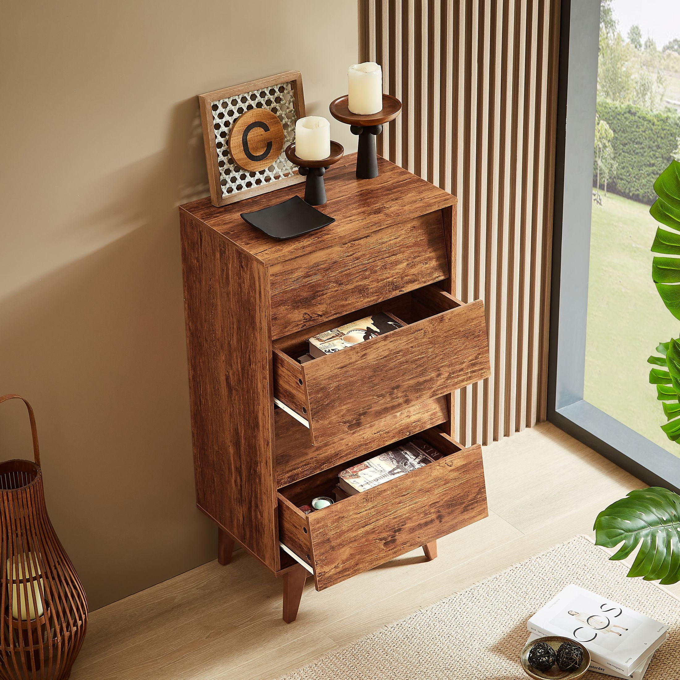 DEALTOPS Vintage Dresser with 4 Drawers in Bevel Design, Versatile Freestanding Storage Cabinet, Antique Walnut