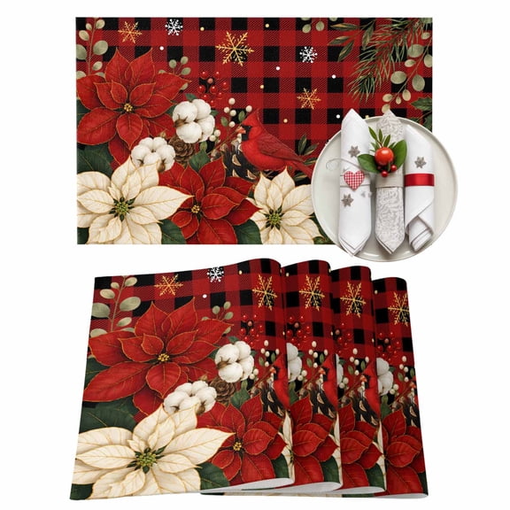 Christmas Red Poinsettia Placemats Set of 6, Winter Flower Cardinal Bird Snow Plaid Heat Insulated Linen Place Mats, Washable Stain-Proof Table Mats for Dining Tables Holiday Decor 13x19 Inches