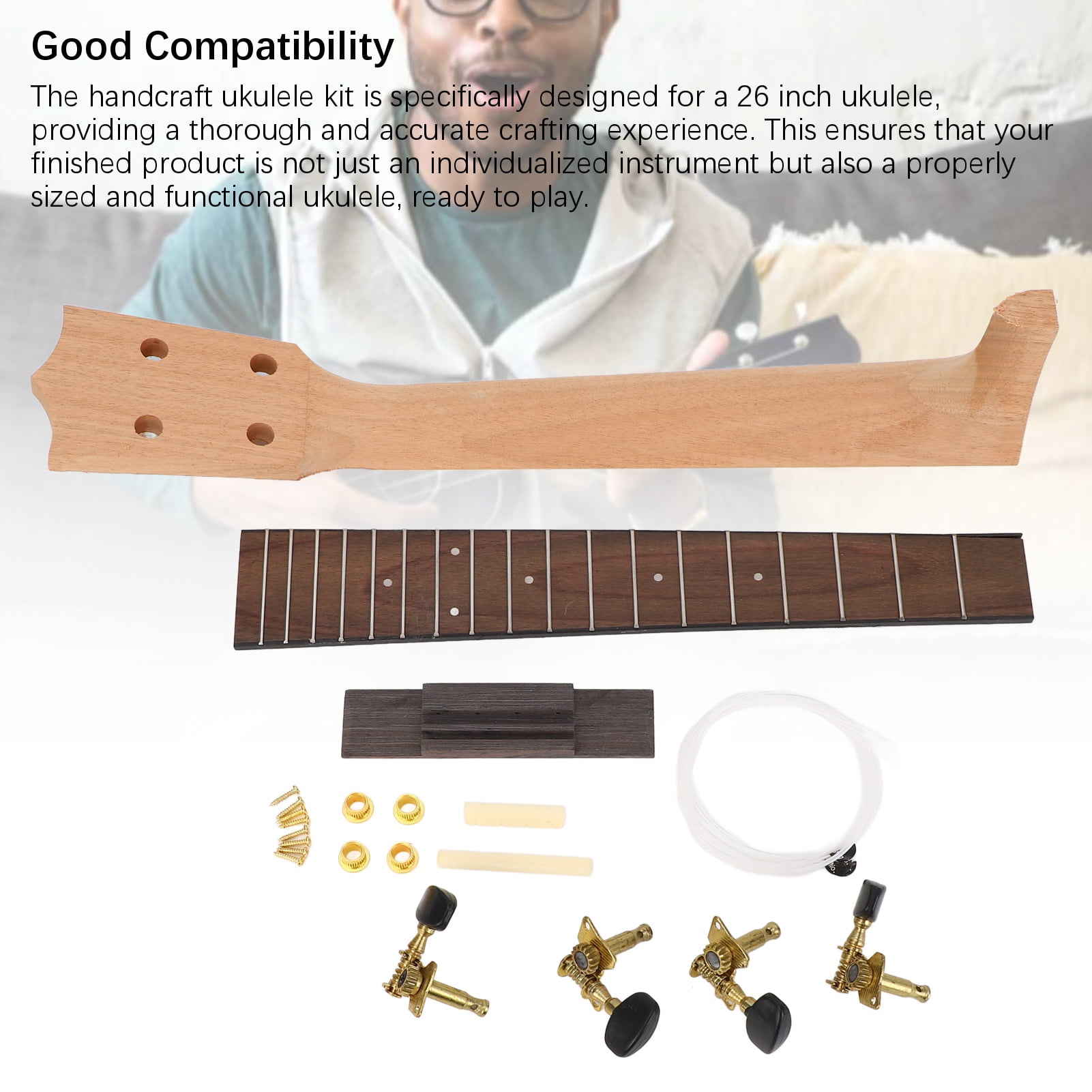 Suodoka Ukulele Neck Kit Okoume and Rosewood Fingerboard String Knob and Bridge Set for 26 inches / 66 cm Handcraft Instrument Assembly