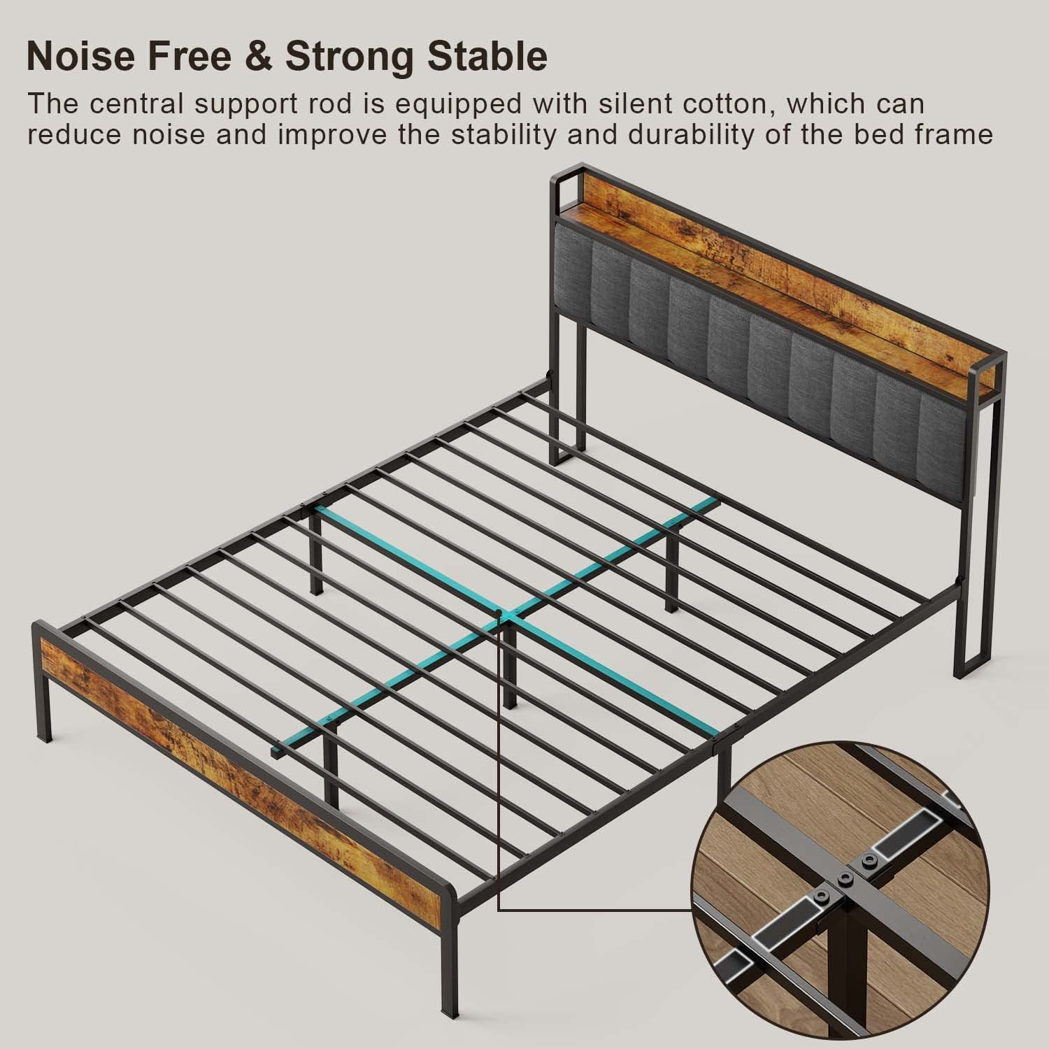 Queen Size Bed Frame with Upholstered Storage Headboard and Wooden Footboard, Under-bed Storage and Noise Free Design, Gray Finish
