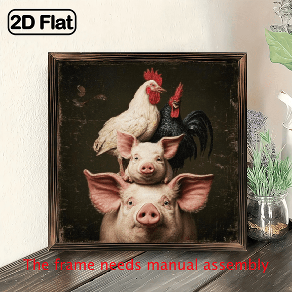 1pc Rustic Farm Animals Stacked Pigs Chickens Wooden Frame Sign Barnyard Theme Wall Art, 8x8 Inch Recycled Wood Wall Hanging Decor for Kitchen, Farmhouse, Living Room, Bedroom