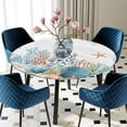 thumbnail image 5 of Elastic Fitted Round Tablecloth, Teal Blue Coastal Waterproof Stretch Table Cover for 55"-60" Tables, Summer Beach Starfish Shell Coral Nautical Washable Outdoor Tablecloths for Patio, Picnic, 5 of 9