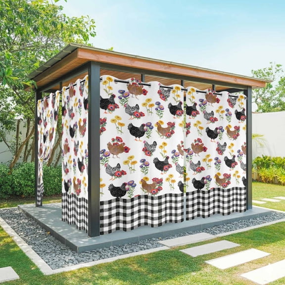 Outdoor Curtains for Patio Waterproof, Farmhouse Rooster Outdoor Privacy Panels Grommet, Country Watercolor Flowers Black Plaid Blackout Outside Curtains for Porch/Cabana 54"x108", 2 Panels