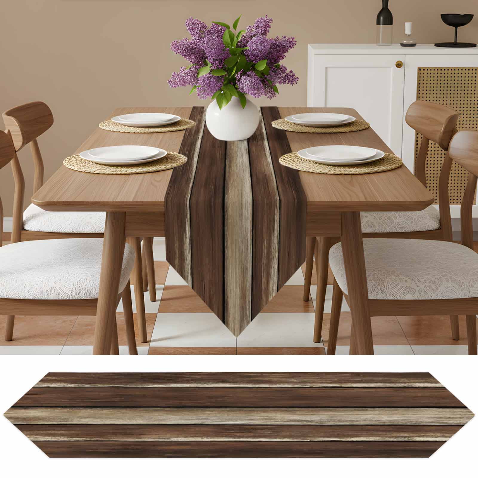 Table Runners 72 Inches Long, Brown Wooden Cotton Linen Kitchen Dining Coffee Table Runner for Party Home Decor, Vintage Farmhouse Retro Art Tabletop Dresser Scarves Runner Decor 13x72 Inch