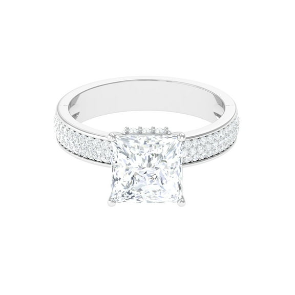 Rosec Jewels Princess Cut Moissanite Engagement Ring with Side Stones - 3 Carat Moissanite Ring - 8 mm - D-VS1 Quality, 925 Sterling Silver, US 4.00