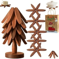 Christmas Tree,Tree Trivet Set,Natural Tree Trivet Set,Walnut Wood Tree Trivet Set, Natural Tree Trivet Set - 4 Wooden Trivets & 1 Stand Like a Christmas, Foldable Kitchen Wooden
