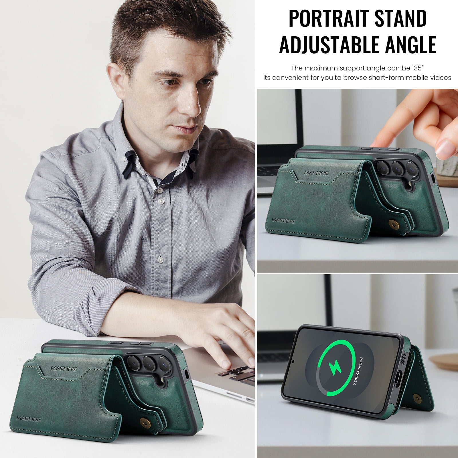 Designed for Samsung Galaxy S25+ Wallet Phone Case,Magnetic Detachable Flip Card Holder,Back Flip Kickstand,Compatible with Mag-Safe,2-in-1 PU Leather Heavy Duty Shockproof Phone Case,Green