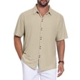 thumbnail image 4 of INSPIRE CHIC Men's Texture Short Sleeve Button Down Solid Casual Knitted Shirt M Khaki, 4 of 5
