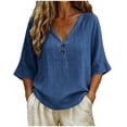 thumbnail image 2 of Gamivast Women's Casual Cotton Linen Shirts V Neck 3/4 Sleeve Button Down Blouses Loose Fit Summer Breathable Tunics Everyday Relaxed Tops for Daily Wear Navy S, 2 of 7