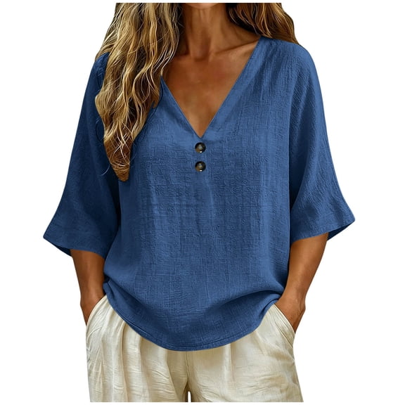 VEKDONE Womens 3/4 Sleeve Cotton Shirt Button Down V Neck Loose Fit Tunic Tops Summer Trendy Solid Color Blouse Casual Beach Vacation T Shirts Navy M