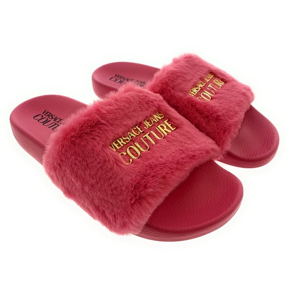 Versace Jeans Couture Rose Faux Fur Signature Slides-9 for Womens