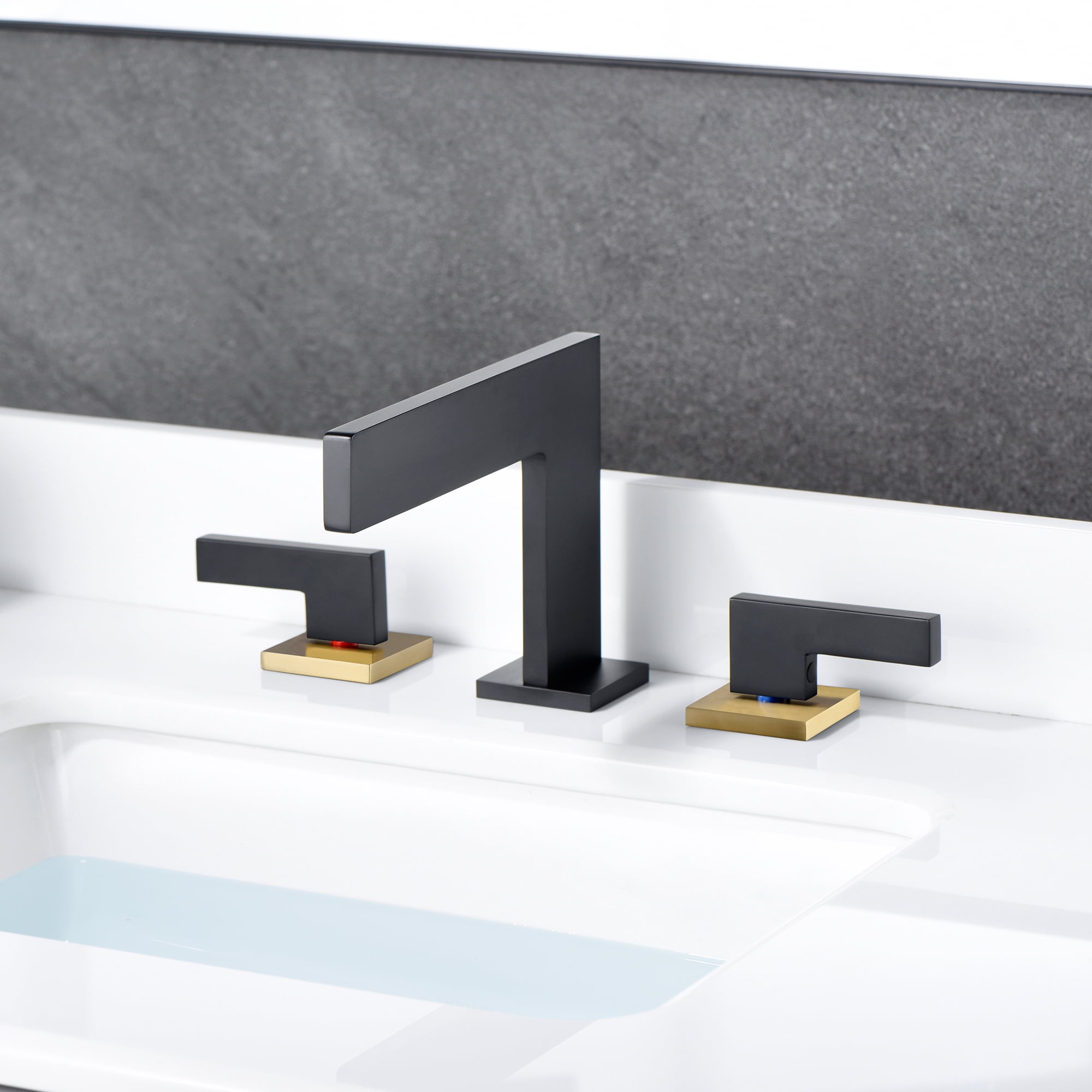 Sumerain Widespread Waterfall Bathroom Faucet 3 Hole 2 Handle 8 Inch Vanity Sink Faucet,Black and Gold Bathroom Basin Faucet with supply lines