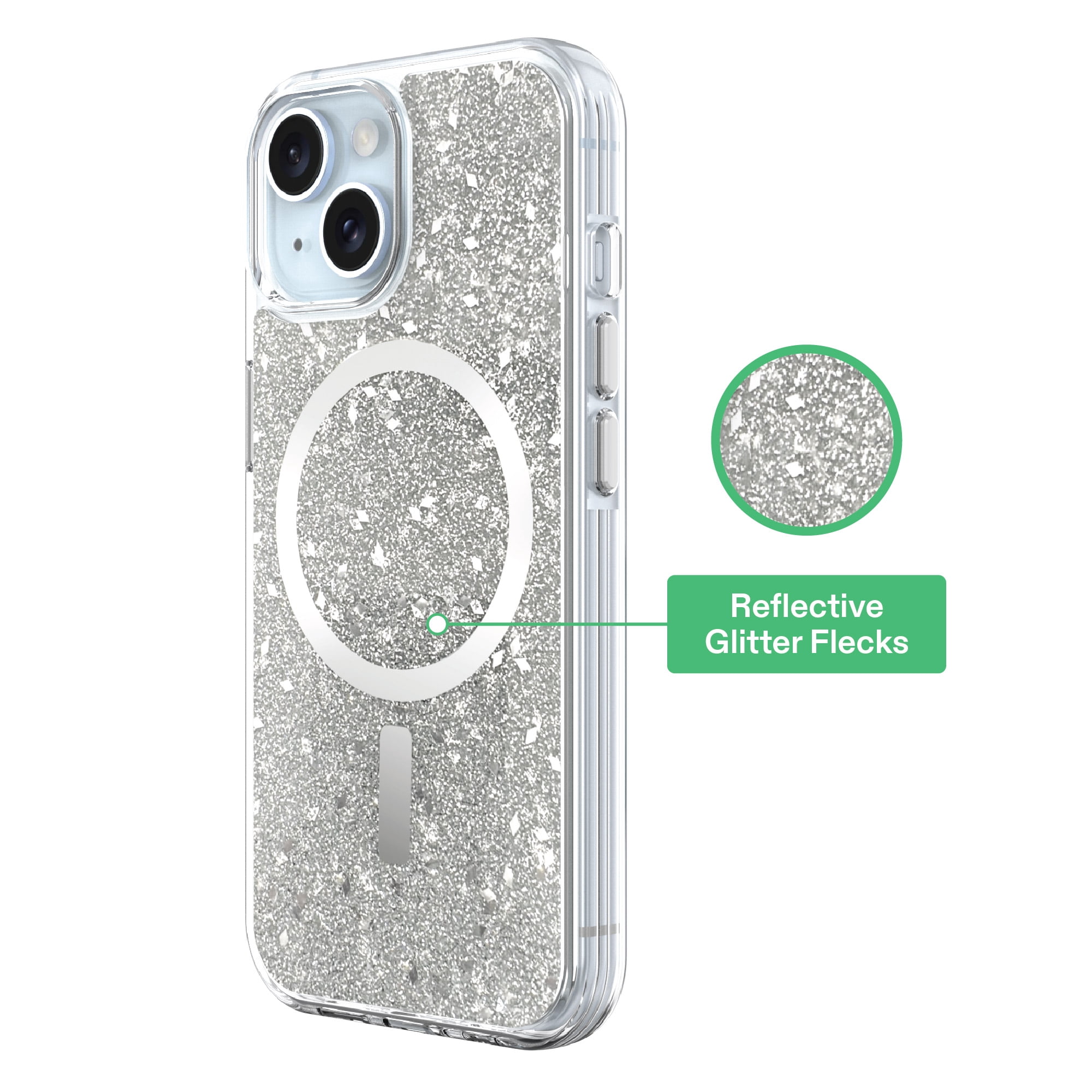 onn Phone Case for iPhone 17e / 16e / 15 / 14 / 13, MagSafe Compatible - Silver Glitter Fleck