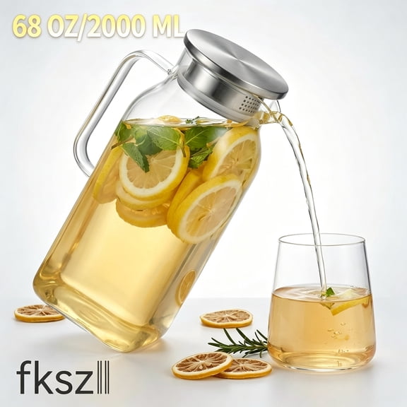 Fkszll 68 oz Square Glass Pitcher with Lid and Spout Borosilicate Glass Carafe for Hot/Cold Drink Water Pitcher for Iced Tea Juice Beverage