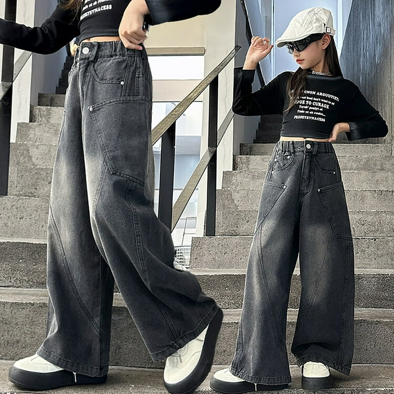 Y2k Broek Dames Esthetische Baggy Jeans Wijde Pijpen Vintage Denim Broek E-Girl Esthetische Cargo Jeans Streetwear(Color:Black,Size:XX-Large