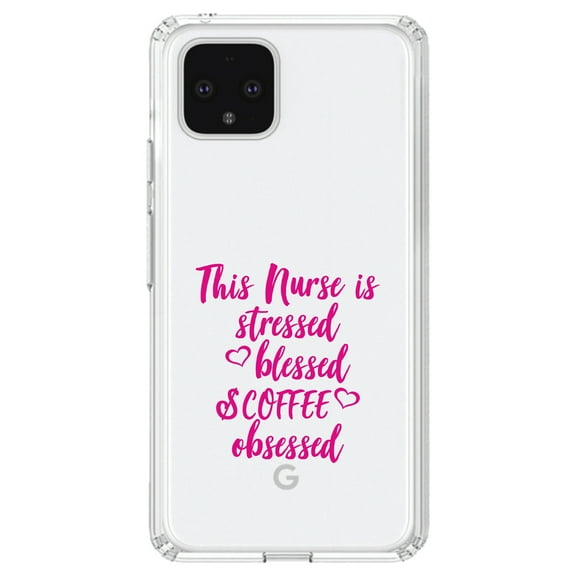 DistinctInk Clear Shockproof Hybrid Case for Google Pixel 4 XL (6.3" Screen) - TPU Bumper Acrylic Back Tempered Glass Screen Protector - Nurse Is Stressed Blessed & Coffee Obsessed - Pink