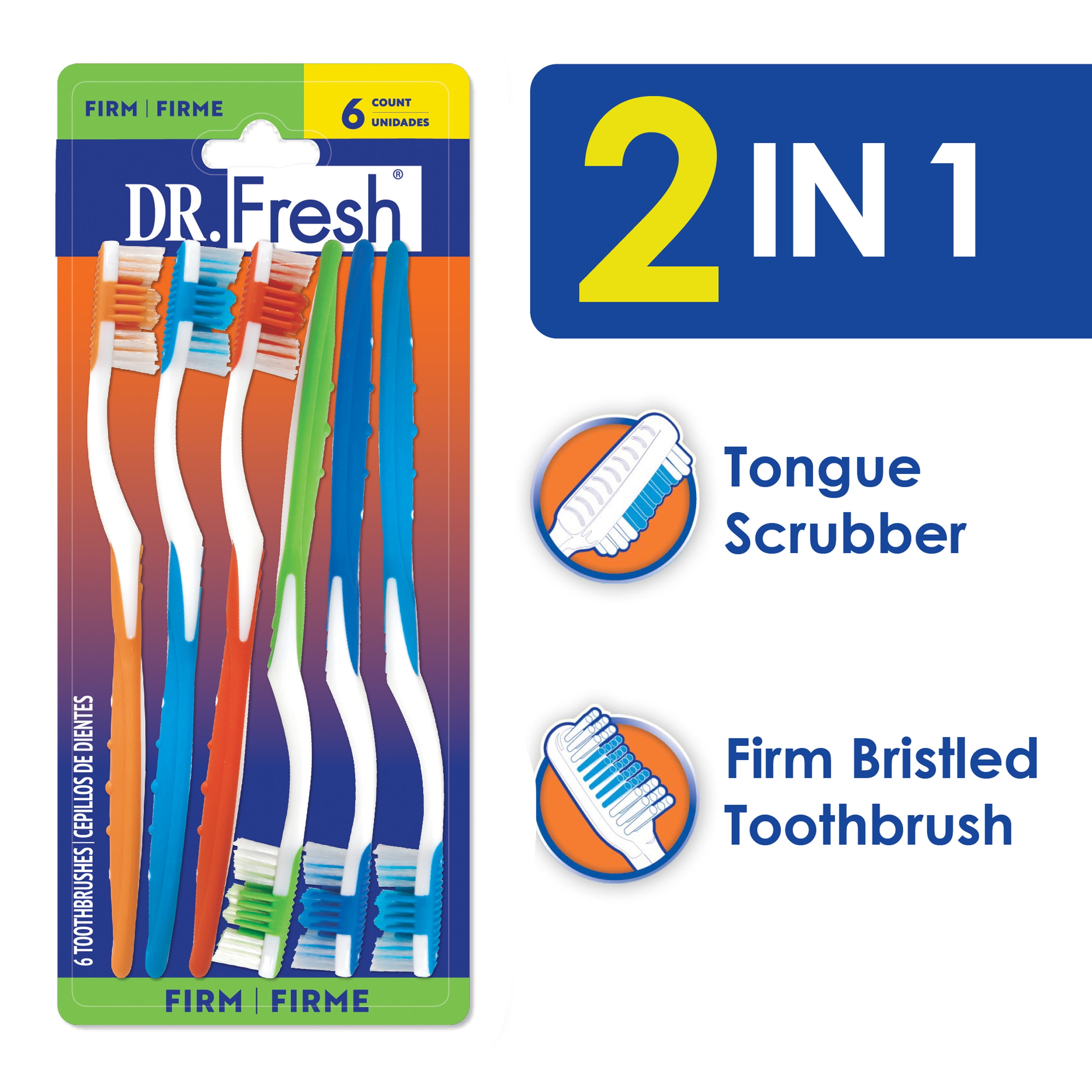 (5 pack) Dr. Fresh Adult Manual Toothbrush with Tongue Scraper Head, Firm, 6 Count