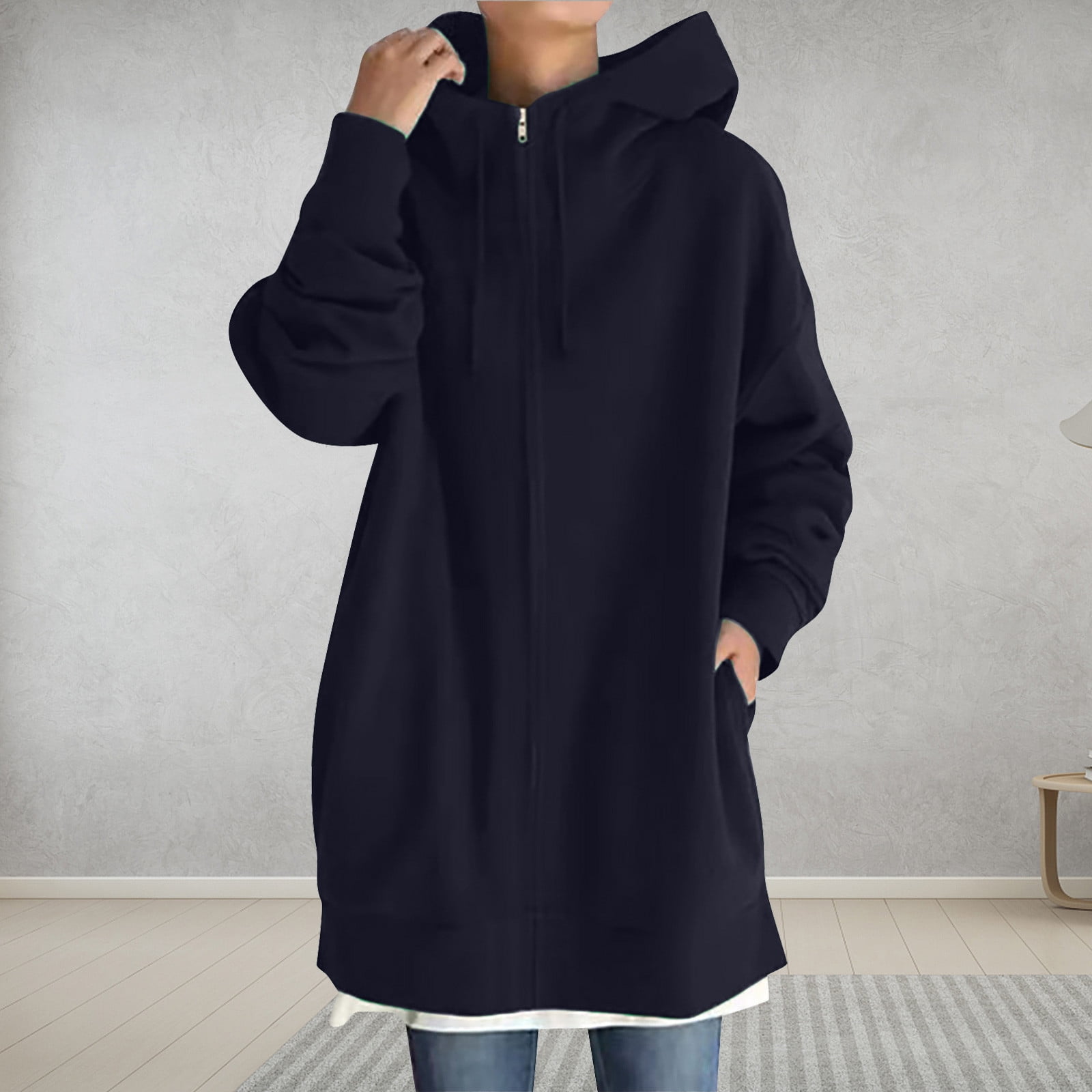 トップス S w zip hoodie long JGGSPWM Knee Length Full Zip Hoodie High Collar Casual