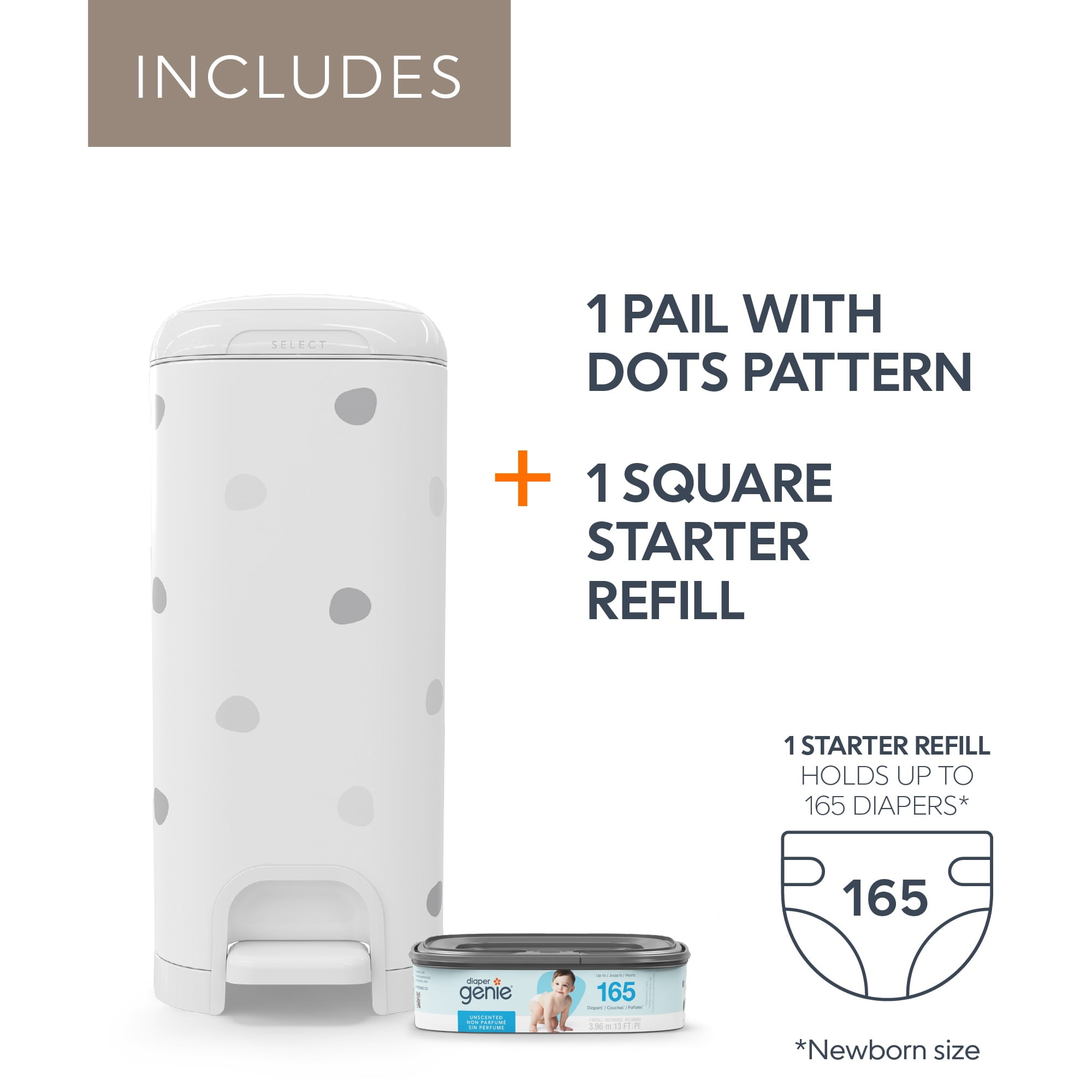 Diaper Genie Select Pail, Polkadot, Stainless Steel,1 Diaper Pail,1 Square Refill, 165 Count, Infant