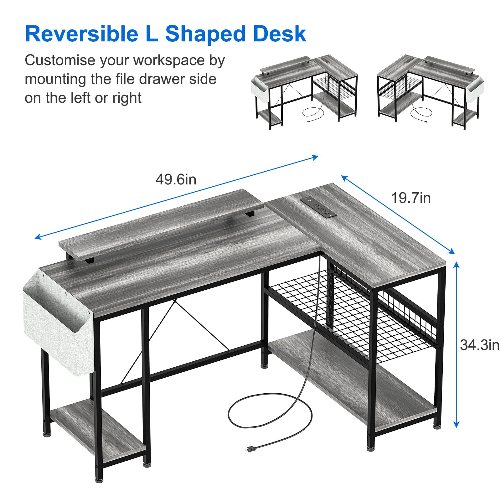 L Shaped Desk, Computer Gaming Desk with Power Outlet & Led Light, Reversible Corner Desk with Monitor Stand & Storage Shelves, Storage Bag for Home Office