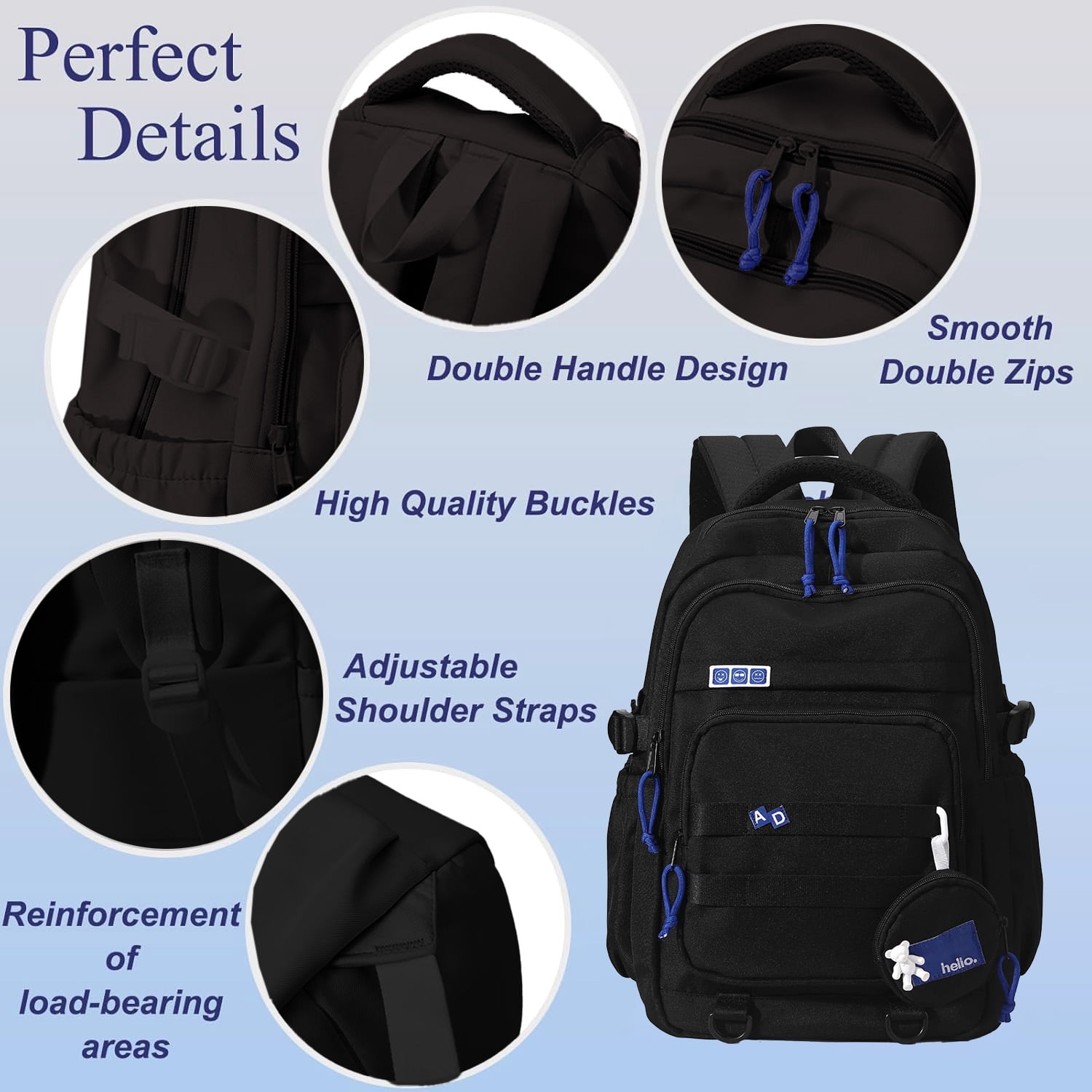 DAKIMOE Large School Backpack for Girls Boys Lightweight Spacious Kids Bookbag with Multiple Pockets for Middle School College, Black