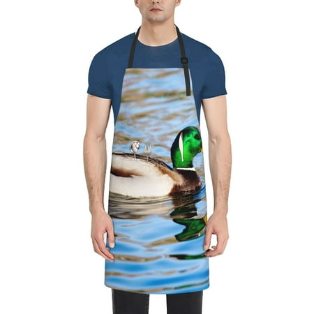 

Qekee Mallard Duck Swimming In A River Print Waterproof Apron with Pockets Adjustable Cooking Aprons Kitchen Bib for Baking Household Cleaning