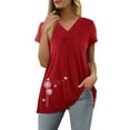 thumbnail image 6 of QLEICOM Womens Summer Tops Oversized T-shirts Short Sleeve Print V-Neck Pleated Casual Loose Tunic Tank Tops Women Shirts Blouses Red M, 6 of 7