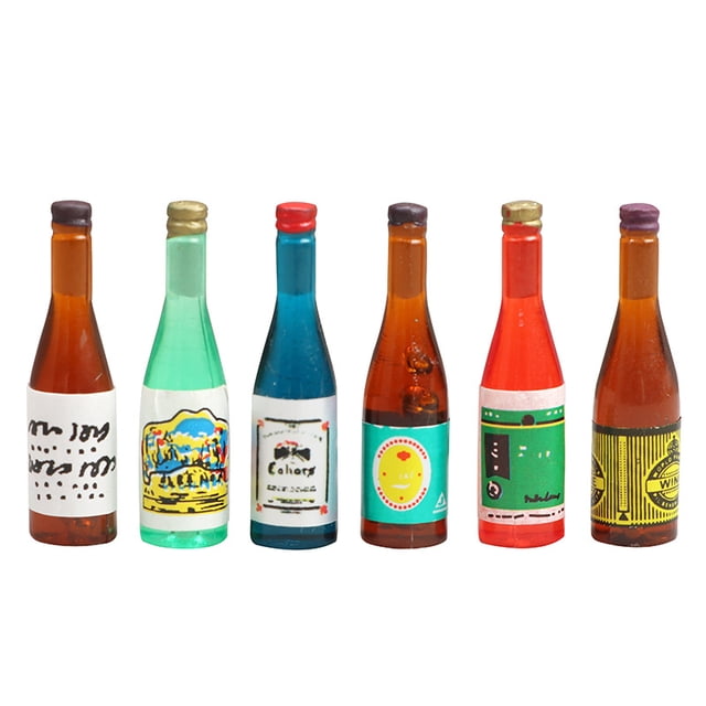 Juego de botellas de bebida en miniatura para casas de muñecas, 6 piezas, escala 1:12