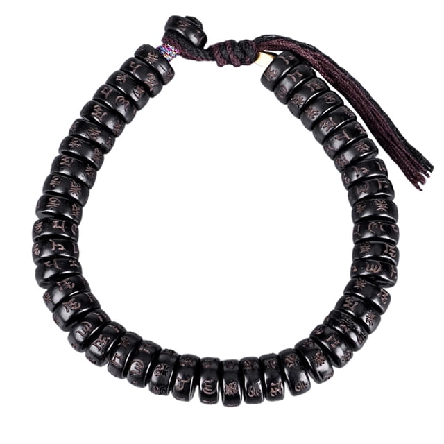 Pulsera de concha de coco de 1 pieza, cadena de muñeca de madera hecha a mano, pulsera Om Mani Padme Hum, pulsera de madera con hilo de algodón (negro)