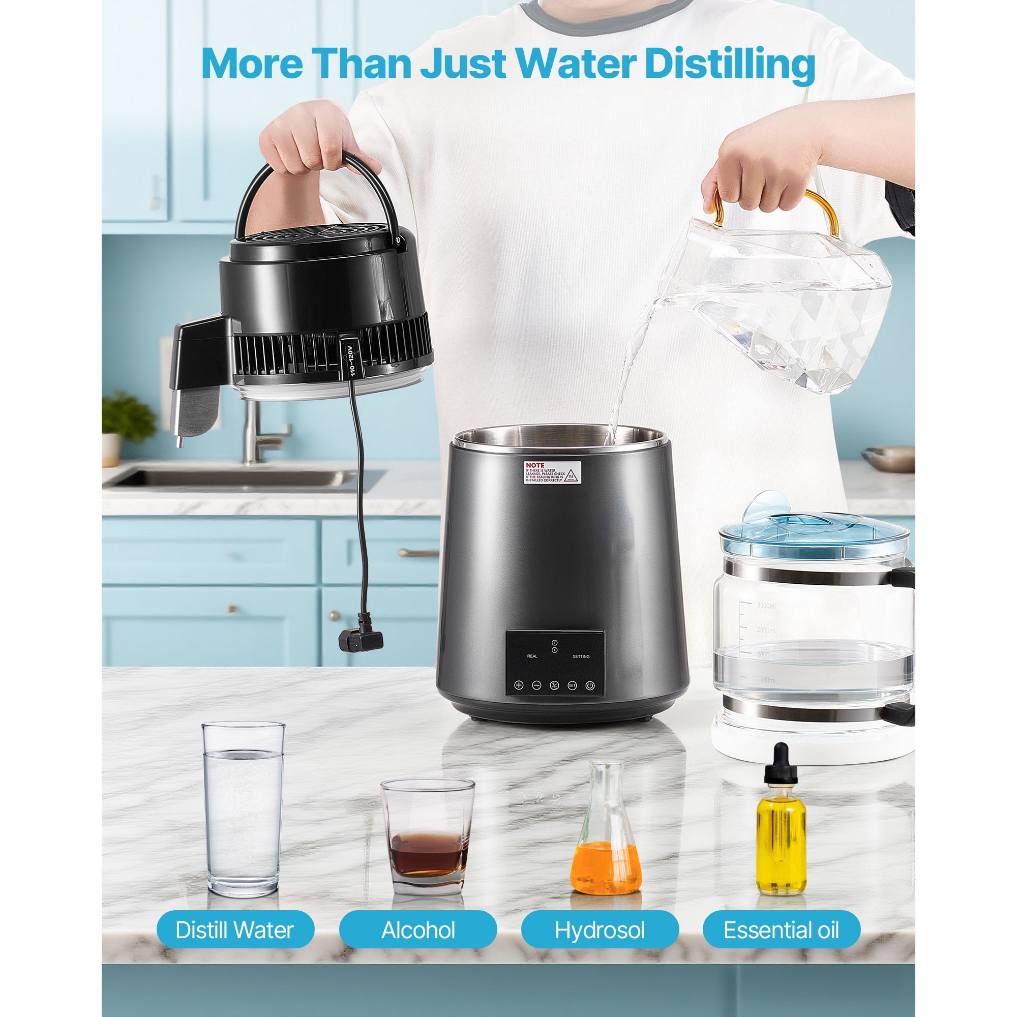 KFFKFF 4L 1.1 Gallon Water Distiller for Home Countertop, 750W Purifier with Glass Container, Stainless Steel Interior for Clean Drinking Water, Grey
