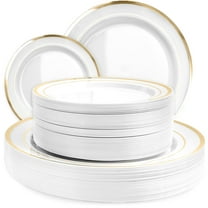 Aya's Cutlery Kingdom 100 Disposable White Plastic Plates with Gold Trim - Includes 50 (10-Inch) Plastic Dinner Plates and 50 (7.5-Inch) Salad Dessert Plates - Heavy Duty and Elegant Tableware